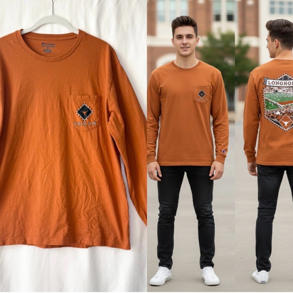 Champion Texas Longhorns Burnt Orange LS Pocket Tee - hook ‘em - size XL